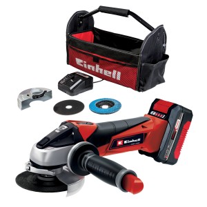 Smerigliatrice angolare a batteria TC-AG 18/115 Li Kit con borsa porta attrezzi, batteria, caricabatterie e accessori.