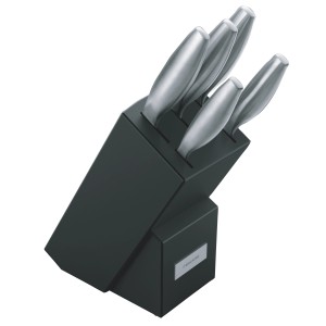 Ceppo portacoltelli con 5 coltelli con manici argentati nel blocco nero.