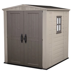 Casetta da giardino in plastica Keter 3,39 m² con doppia porta e finestra, beige/marrone.