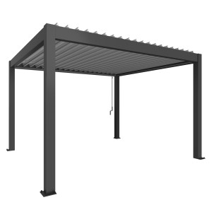 Pergola Biohort in grigio scuro/argento metallizzato: copertura moderna per patio con lamelle regolabili.