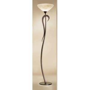 Elegante lampada da terra t.b.t. con base curva in metallo scuro e paralume chiaro.