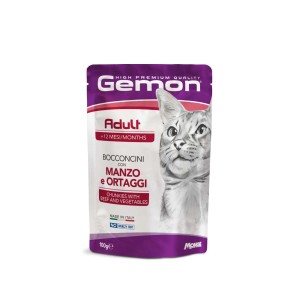 Gemon Adult cibo umido per gatti con manzo e verdure, busta da 100g.