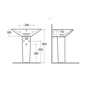 Disegno tecnico: lavabo t.b.t. con dimensioni per la progettazione del bagno.