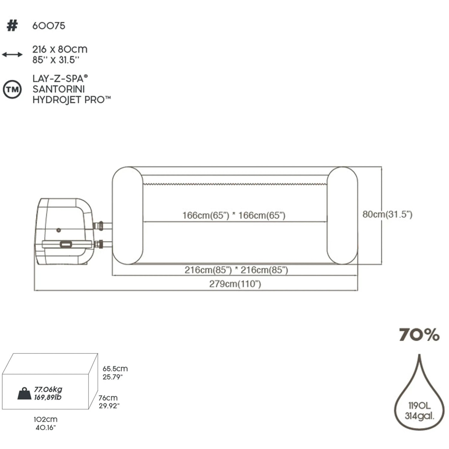 Disegno tecnico Bestway LAY-Z-SPA Santorini HydroJet Pro, dimensioni e capacità della vasca idromassaggio gonfiabile.
