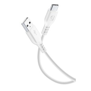 Cavo t.b.t. bianco con connettore USB-A e USB-C.