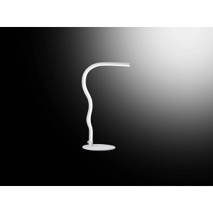 Moderna lampada da scrivania a LED bianca con braccio curvo.