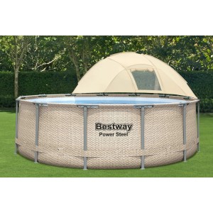 Piscina rotonda Bestway Power Steel con copertura, effetto rattan, in giardino.