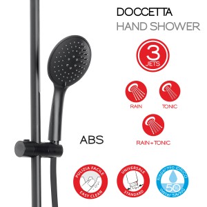 Colonna doccia nera con doccetta e diversi getti.