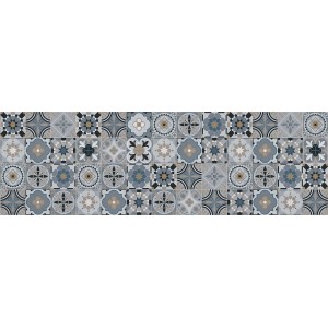 Motivo di paraschizzi / paraspruzzi t.b.t. con ornamenti blu-grigi.