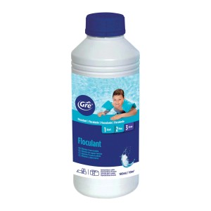 Flacone di t.b.t. Flocculante per acqua di piscina pulita.