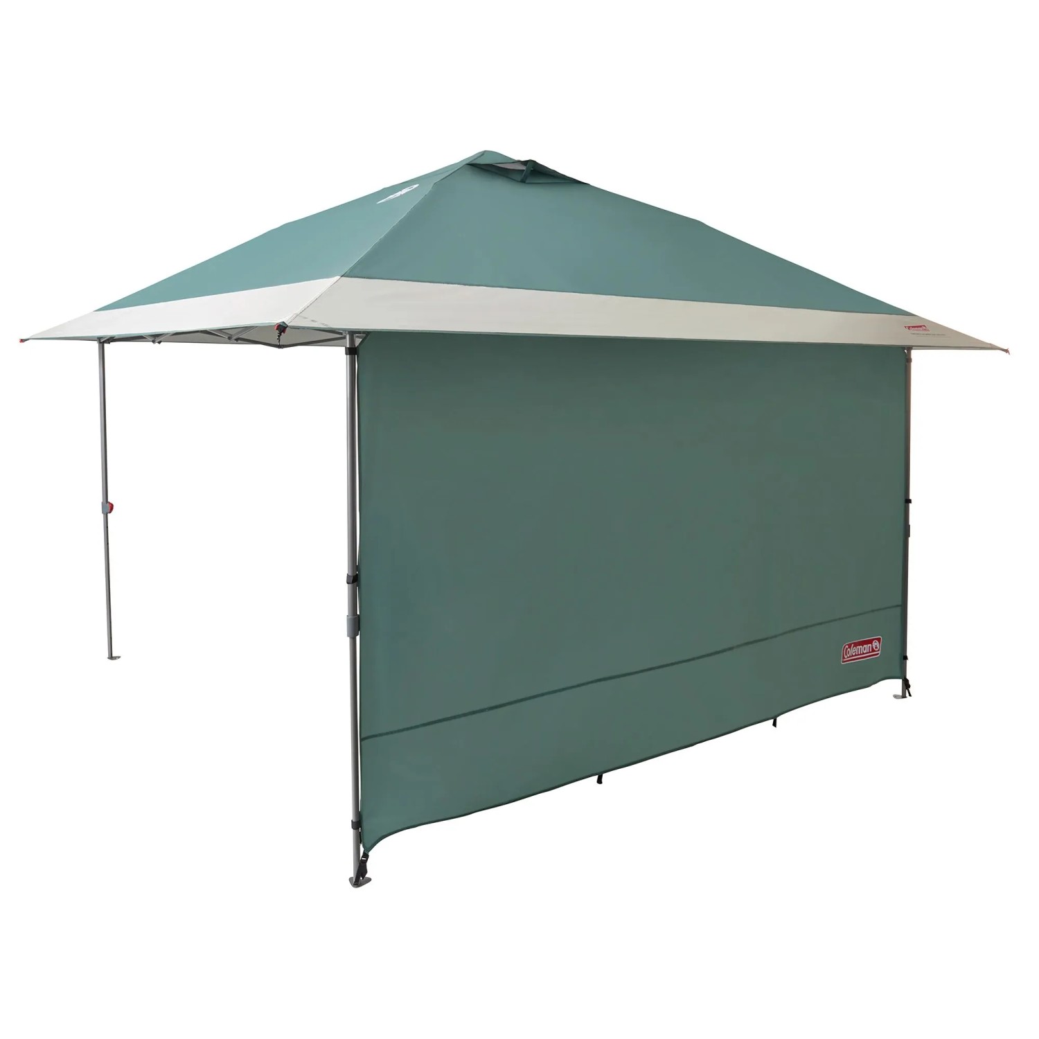 Coleman FastPitch OnePush Shelter L, tenda da campeggio verde e bianca con parete laterale.