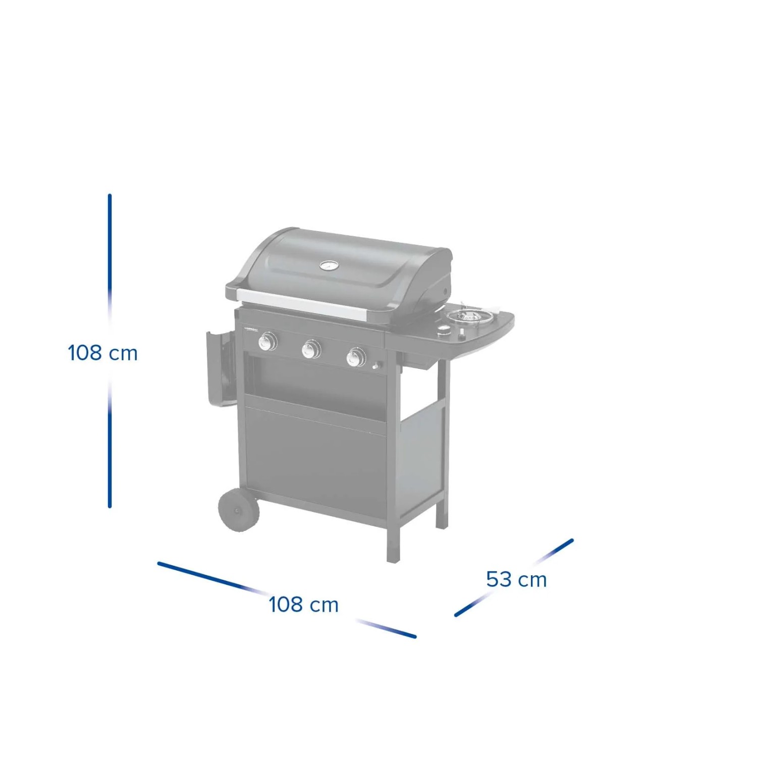 Illustrazione di un barbecue a gas con dimensioni (altezza 108cm, larghezza 108cm, profondità 53cm).