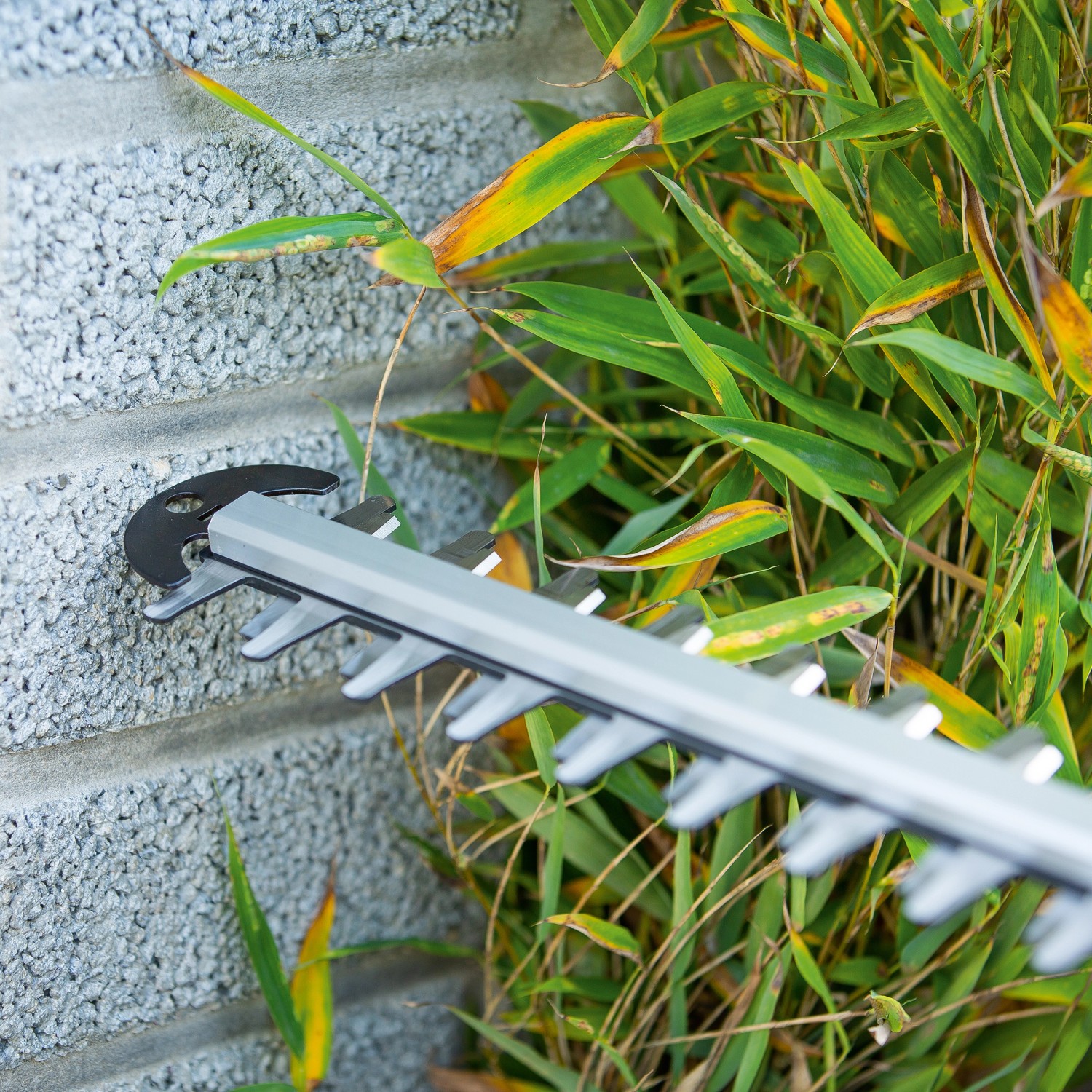 Tagliasiepi a batteria LUX A-HS-2x20/61 mentre taglia una siepe vicino a un muro di pietra grigio.