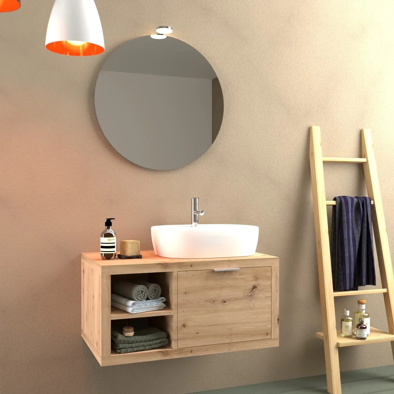 Set di mobili da bagno moderni con mobile lavabo, specchio e scaffale a scala.