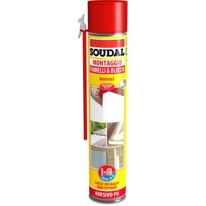 Bomboletta di schiuma poliuretanica Soudal per pannelli e blocchi, rosso/giallo.