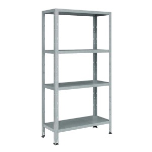 Scaffale metallico grigio con quattro ripiani per magazzino e cantina.