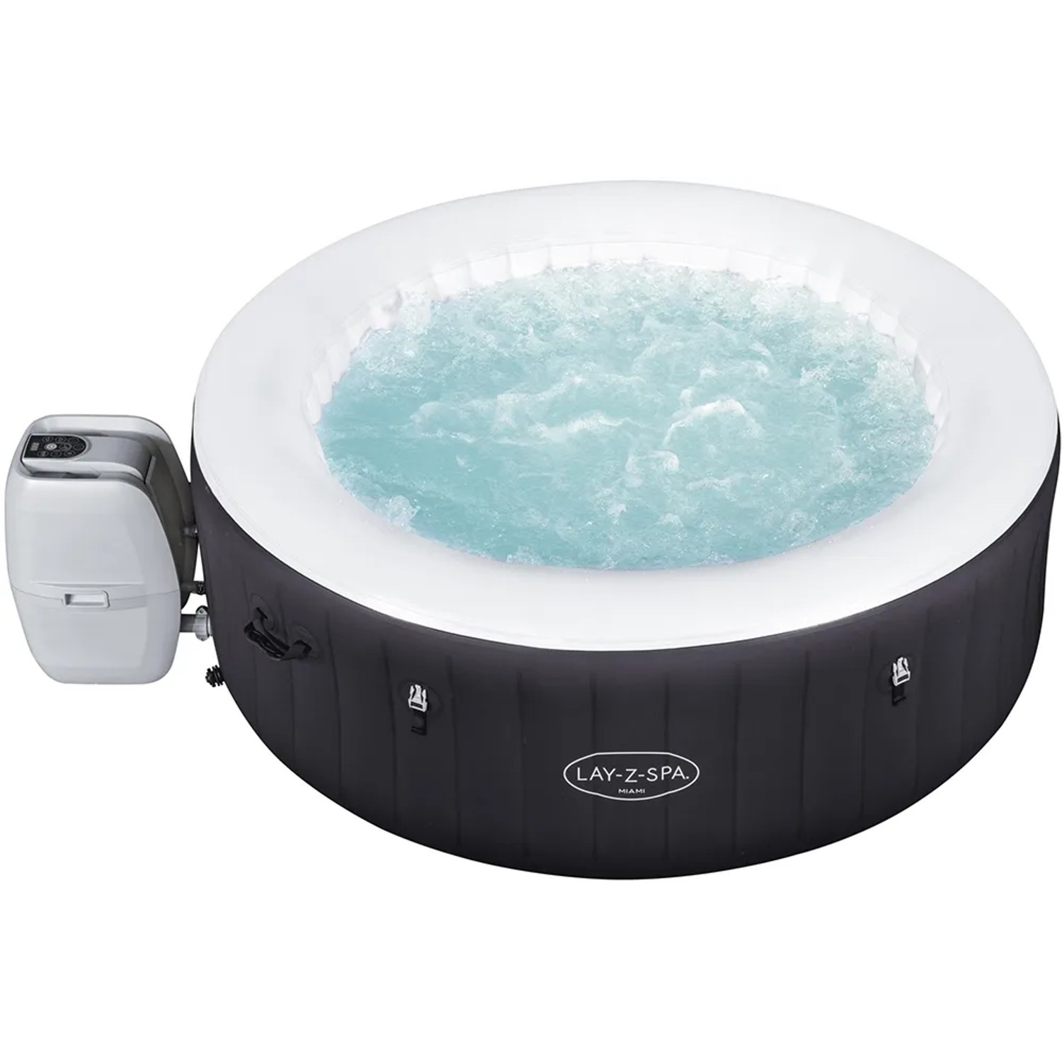 Bestway Lay-Z-Spa Miami AirJet, vasca idromassaggio gonfiabile rotonda nera con pompa e acqua frizzante.