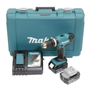 Set trapano avvitatore a percussione a batteria Makita 18V DHP453RFE con batterie, caricabatterie e valigetta.