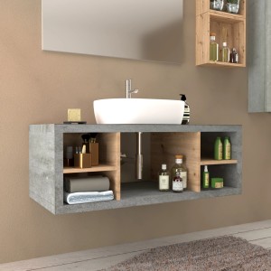 Mobile bagno moderno con lavabo, mobile grigio e ripiani in legno.