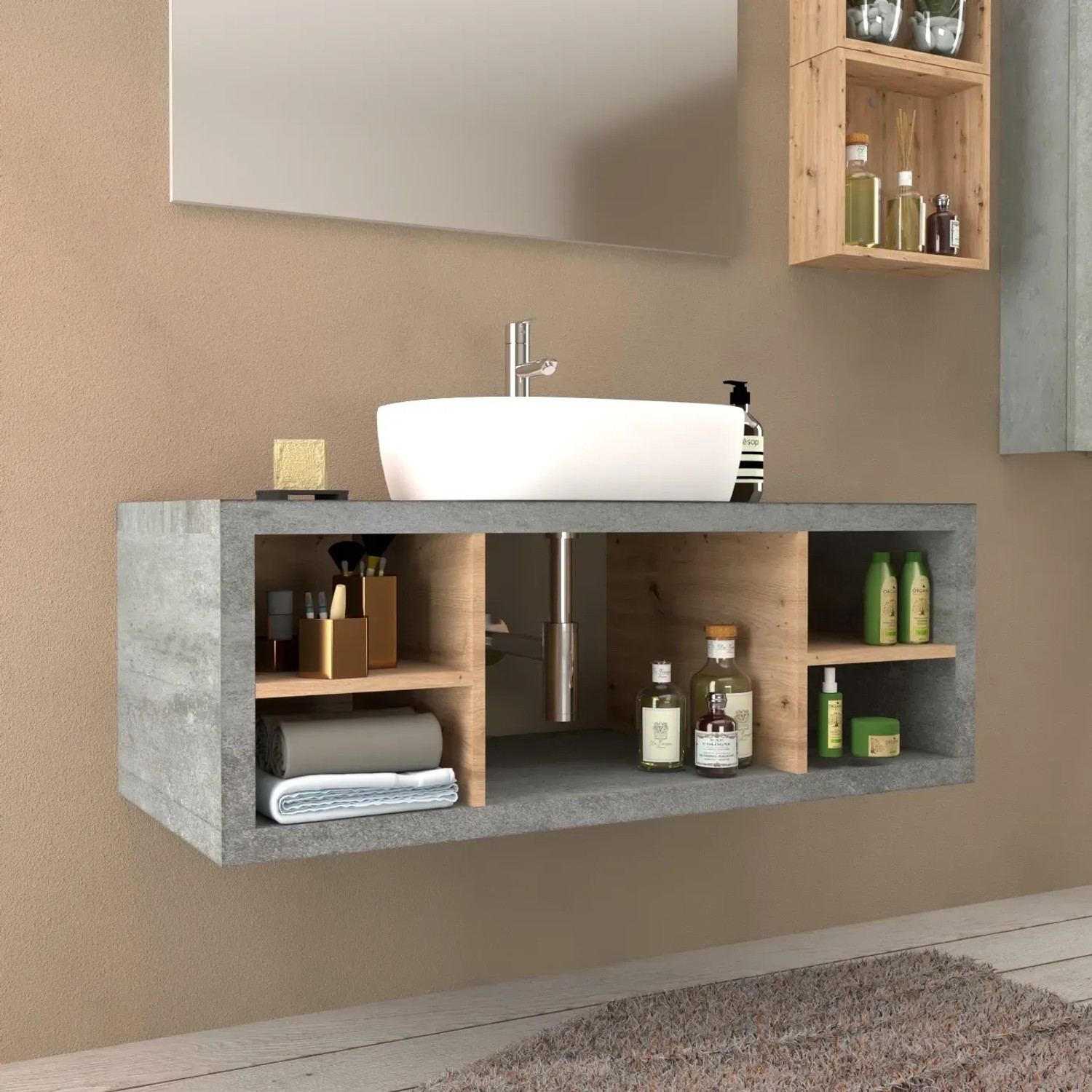 Mobile bagno moderno con lavabo, mobile grigio e ripiani in legno.