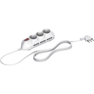 Multipresa t.b.t. bianca con tre prese e interruttore.