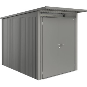 Casetta da giardino in metallo Biohort AvantGarde A3, grigio quarzo metallizzato, con doppia porta.