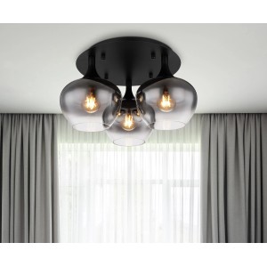 Plafoniera Globo Maxy nera con 3 paralumi in vetro fumé, Ø 45 cm.