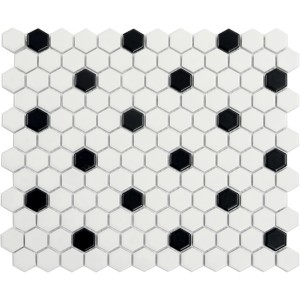 t.b.t. Piastrella a mosaico con elementi esagonali bianchi e neri.