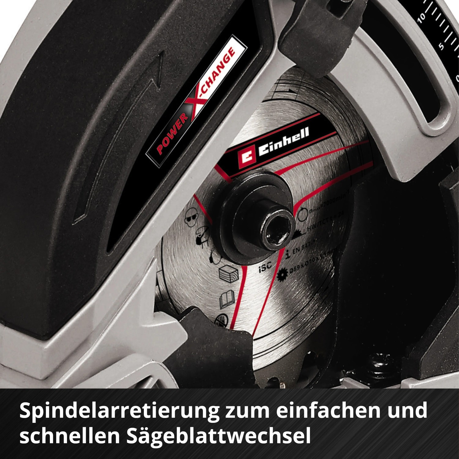 Dettaglio: Mini sega circolare a batteria Einhell Power X-Change TE-CS 18/89 Li con lama e blocco del mandrino.