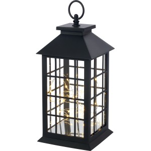 Lanterna decorativa nera con luci LED per interni.