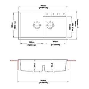 Schizzo lavello: Lavello in acciaio inox con dimensioni e viste per montaggio e installazione.