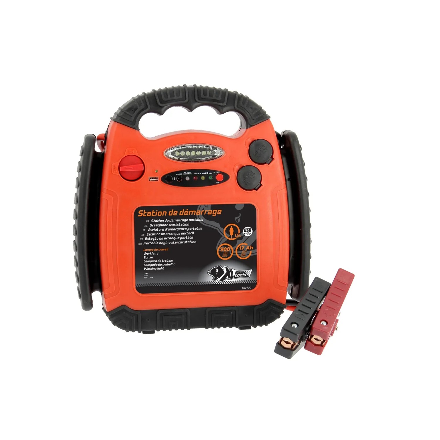 Avviatore di emergenza arancione e nero con morsetti per auto, riparazione e manutenzione.