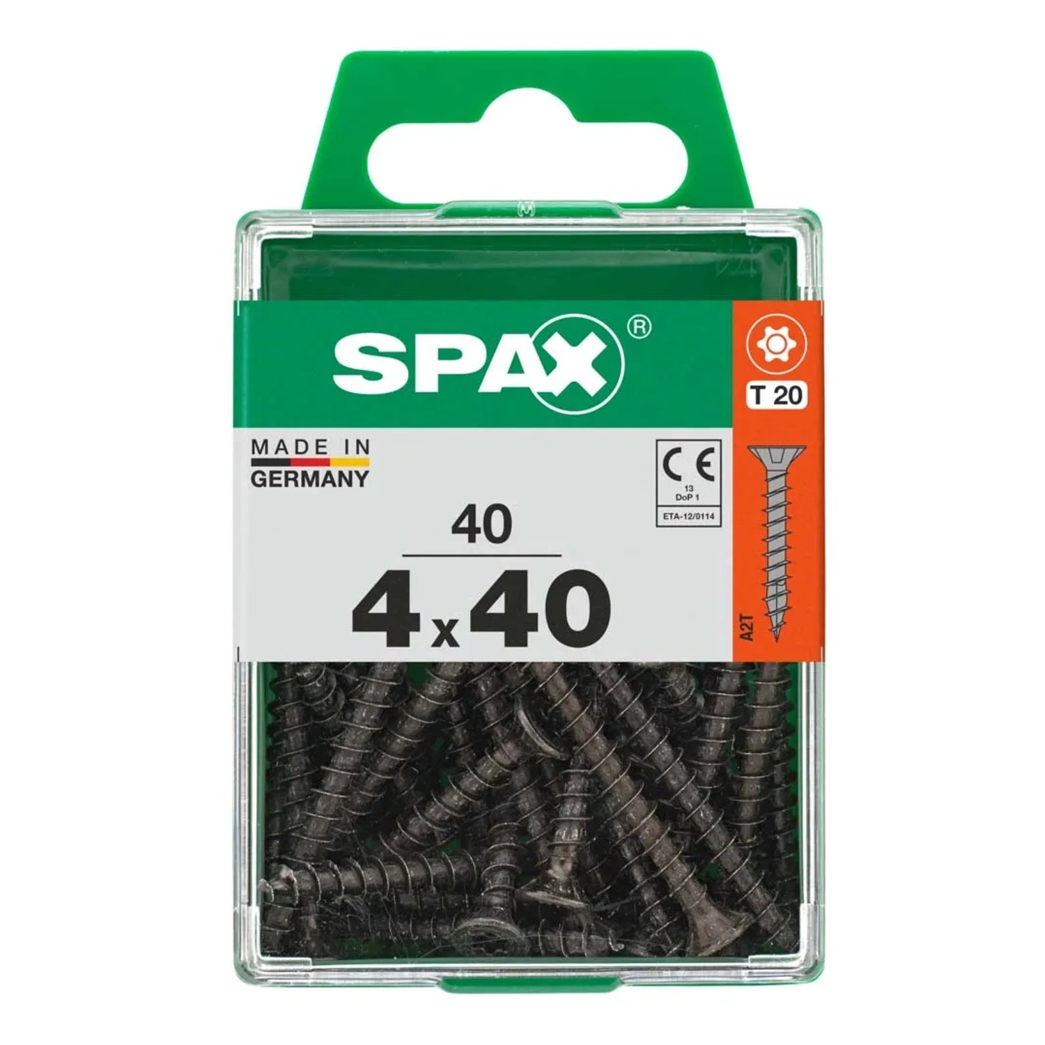 Viti SPAX 4x40 mm in contenitore di plastica trasparente. Elementi di fissaggio universali.