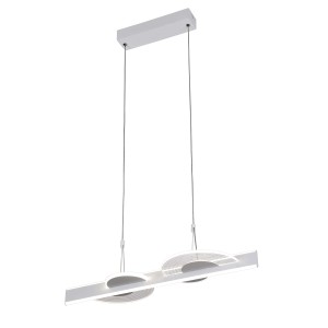 Moderna lampada a sospensione t.b.t. bianca con due elementi LED rotondi per illuminazione soggiorno.
