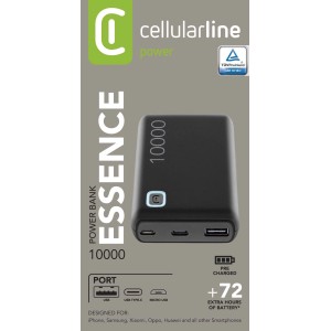 Power bank Cellularline Essence 10000 nera con porta USB, USB-C e Micro-USB.