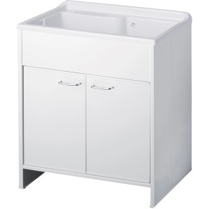Mobile lavatoio bianco con due ante per lavanderia o bagno.
