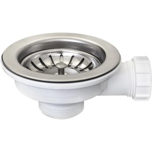 Sifone per lavello, raccordo di scarico in acciaio inox e plastica bianca.