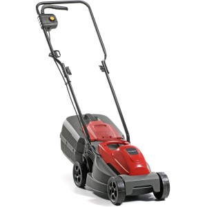 Tagliaerba elettrico rosso e grigio. Tosaerba compatto e maneggevole per giardini di piccole e medie dimensioni.