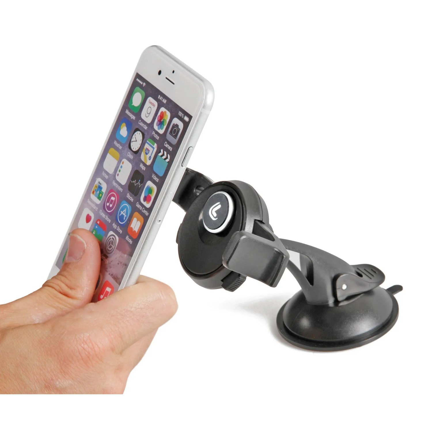 Supporto per telefono da auto nero con ventosa e smartphone inserito.