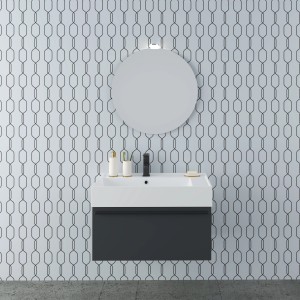 Moderno set di mobili bagno: mobile lavabo antracite con specchio rotondo. Design elegante per il bagno.