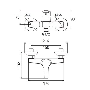 Disegno tecnico: miscelatore doccia t.b.t. con dimensioni.