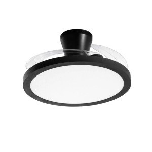 Plafoniera LED nera t.b.t. con pale del rotore trasparenti.