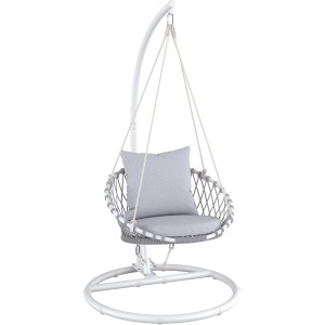 Poltrona sospesa t.b.t. con struttura bianca e cuscino grigio per ore di relax in giardino o in terrazza.
