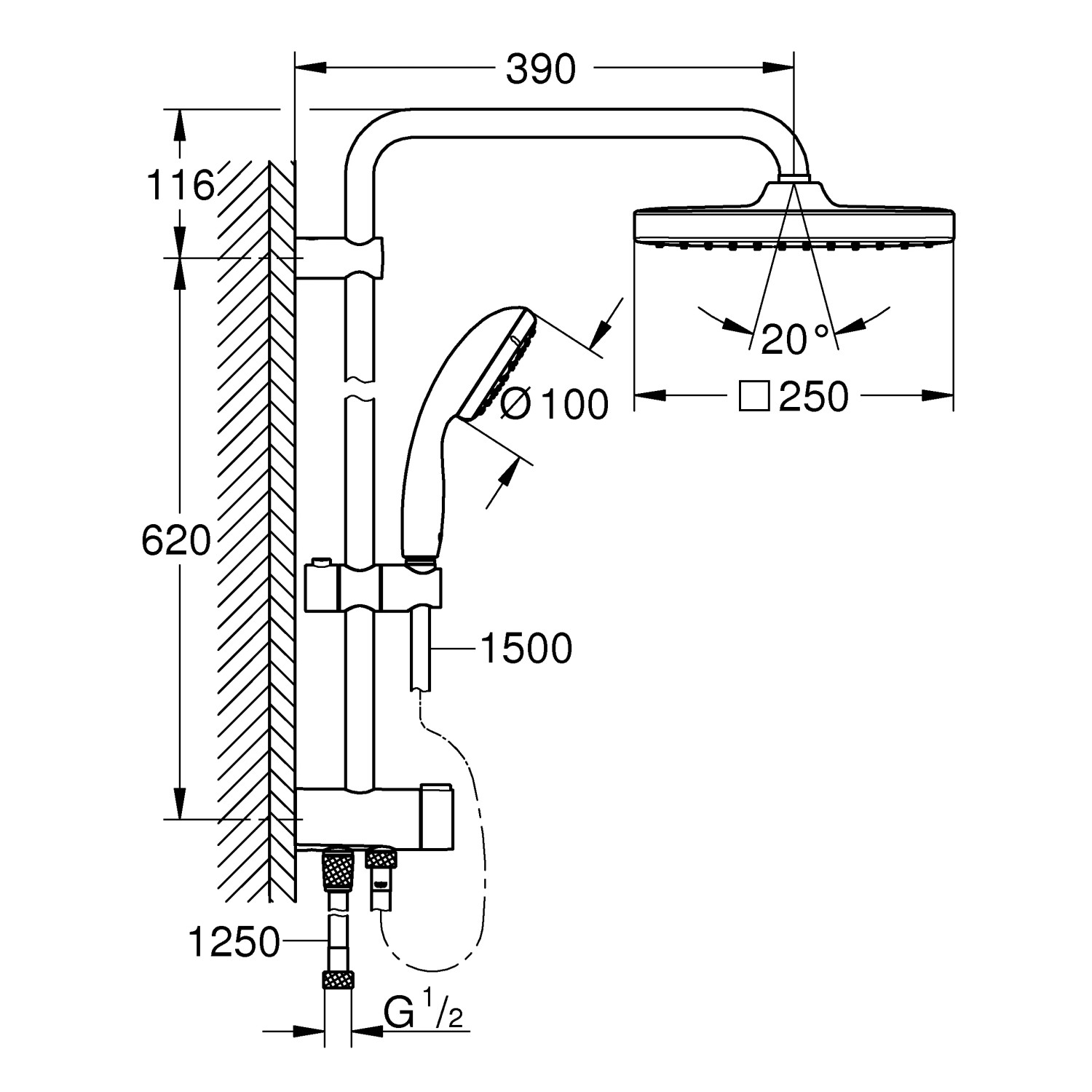 Disegno tecnico: Set doccia Grohe QuickFix Vitalio Start 250 Cube con dimensioni per montaggio a parete.