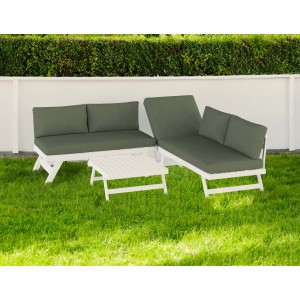 Set mobili da giardino t.b.t. con divano, lettino e tavolo, struttura bianca, cuscini verdi.
