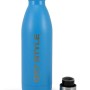 Borraccia blu t.b.t. in acciaio inox con coperchio aperto, ideale per il campeggio.