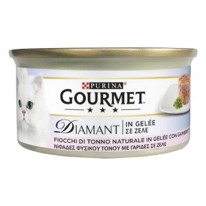 Purina Gourmet Diamant cibo per gatti, tonno e gamberetti in gelatina.