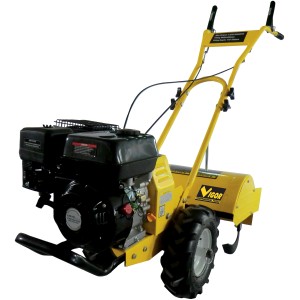 Motozappa gialla Vigor, vista dettagliata. Ideale per giardinaggio e lavorazione del terreno.