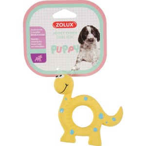 Giocattolo per cuccioli giallo a forma di dinosauro con pois blu.