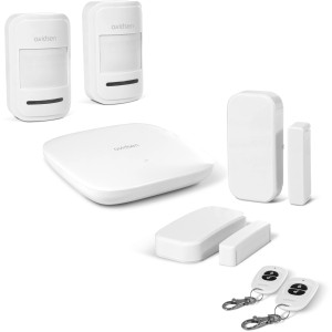 Set sistema di allarme t.b.t. con rilevatori di movimento, telecomandi e sensori bianchi.